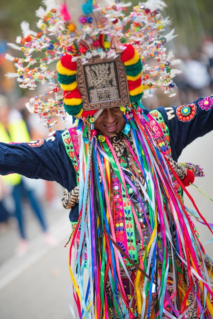 Vibrant costume with ribbons and headpiece at cultural parade.